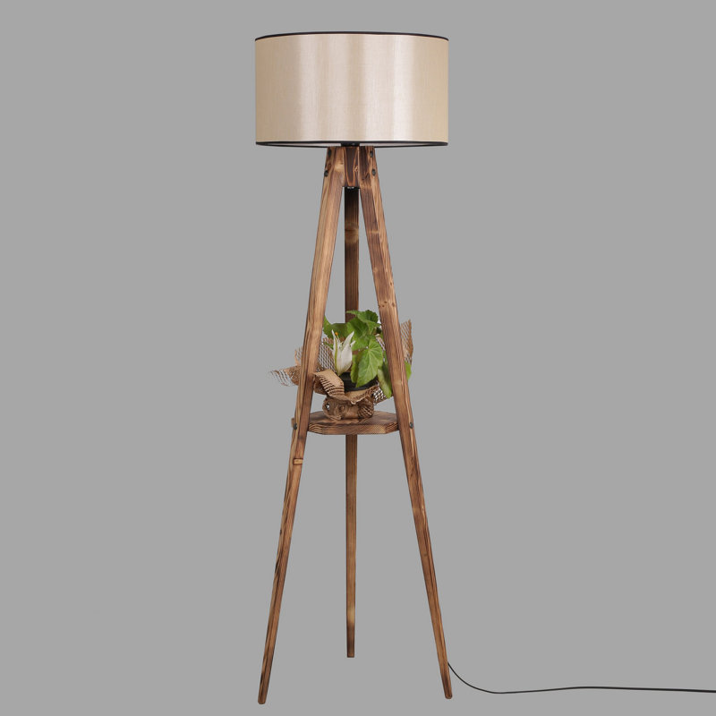 Lampe sur pied scandinave avec corps en bois, finition brune, hauteur 60,2 po | Tablette de 17,3 po | Douille E27 (40 W maximum) | Interrupteur marche / arrêt sur le câble | Base en bois élégante, parfaite pour les salons et les chambres modernes
