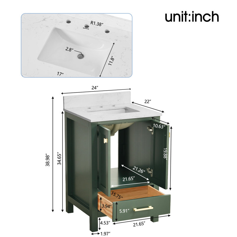 24-inch Bathroom Vanity With Engineered Stone Top, Green