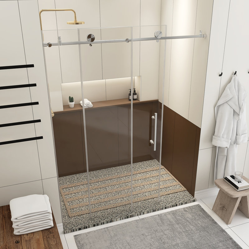 56-60.In W X 76.In H Frameless Shower Door Single Sliding,1/4 In Thick Clear Tempered Glass, Explosion Proof Film, Stainless Steel Handle,Brushed Nickel