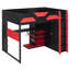 Lit mezzanine double moderne avec bureau de jeu d'ordinateur éclairé, bibliothèque de rangement, panneau perforé et armoire-123037972