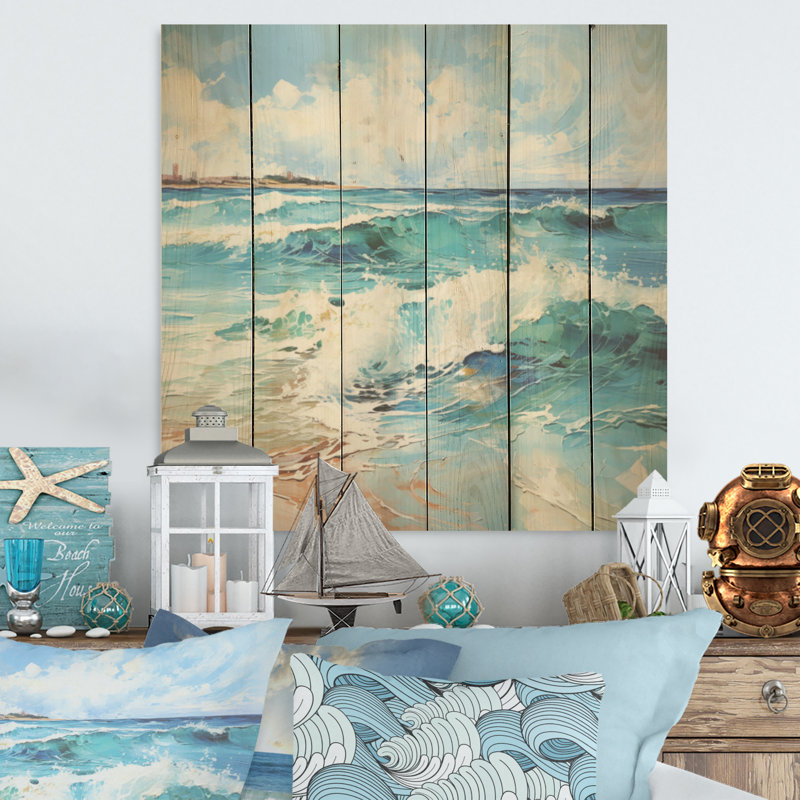 Coastal Harmony Panorama I - océan, art sur bois de pin naturel, H 25 po x l 25 po