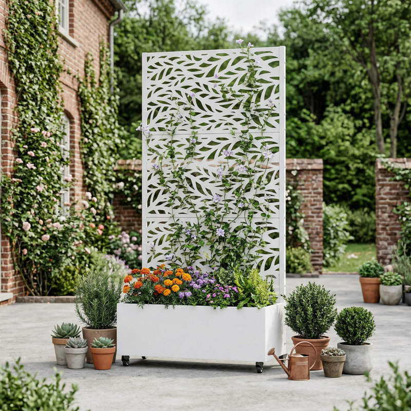 Boîte à fleurs d'extérieur avec roues, Blanc