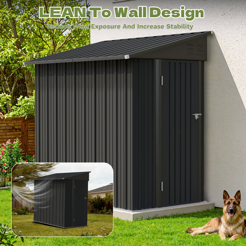 6x4 Ft Outdoor Storage Shed, Lean To Storage Shed, Garden Tool Metal Storage House With Lockable Door, 2 Air Vents And Sloped Roof For Backyard, Patio, Lawn, Black