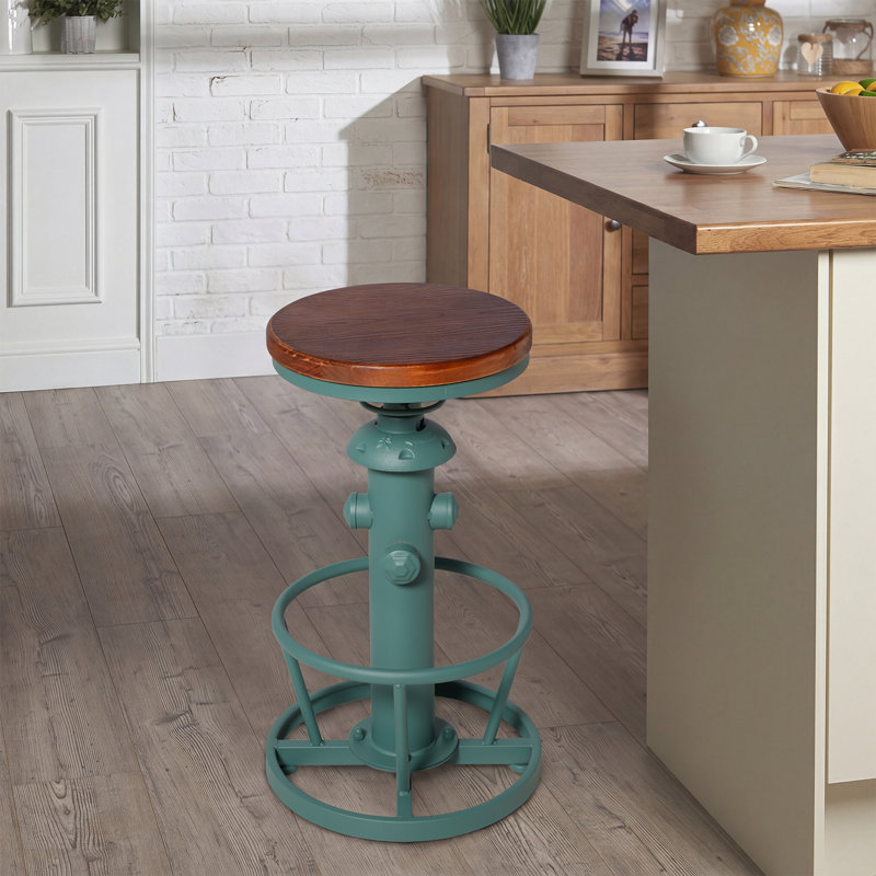 TABOURET INDUSTRIEL À HAUTEUR RÉGLABLE, TABOURET PIVOTANT AVEC TABLETTE EN BOIS MASSIF ET BASE EN MÉTAL À STYLE D'HYDRANT INCENDIE, POUR ÎLE DE CUISINE, BAR À LA MAISON, VERT