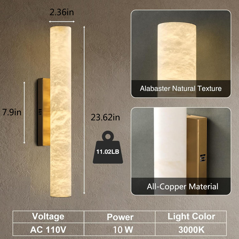 23.6" Alabaster Sconce All-Copper Material Built-In 10W LED Light Strip（Brass Color）, Antique Brass
