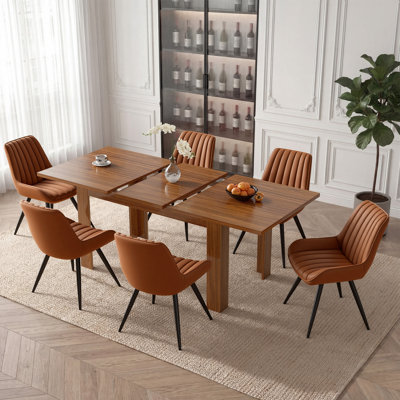 Fecteau Modern Farmhouse 7-Piece Extendable Rectangular Dining Table Set With 6 Upholstered Chairs, Expandable Space-Saving Kitchen Dining Room Furnit