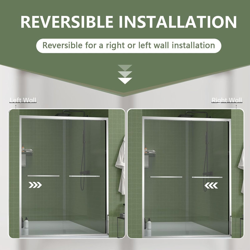 Double Sliding Shower Door 56-60" W X 70" H, Semi-frameless Glass Shower With 5/16" (8mm) Clear Sgcc Tempered Glass, Bathroom Doors Bypass Shower, Shower Glass Door With Towel Bar, Chrome Finished