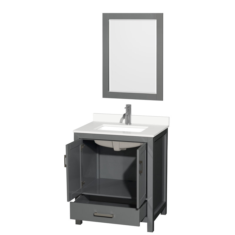 Sheffield 30" Freestanding Single Bathroom Vanity with Quartz Top with 24" Mirror, Chrome, Dark Gray, White Quartz