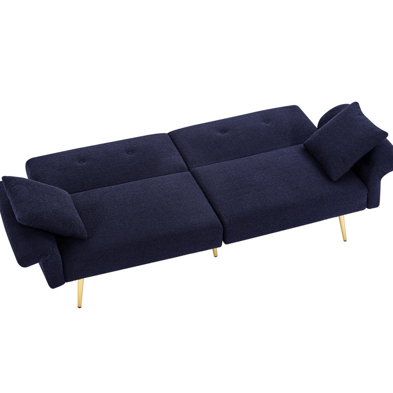 Dark Blue, Upholstered, Futon , 4 - Angle Adjustable Armrest, , Side Pocket, Primary Living Space , Golden Metal Legs,