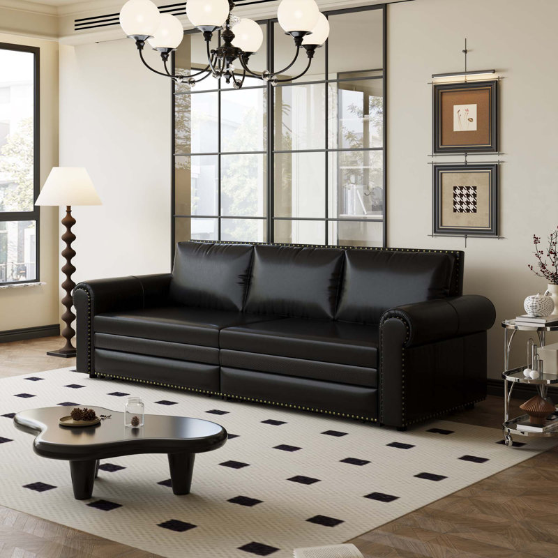Chesterfield Sofa Bed - 93.8" King 3-In-1 Faux Leather Sleeper With Nailhead Trim, Black