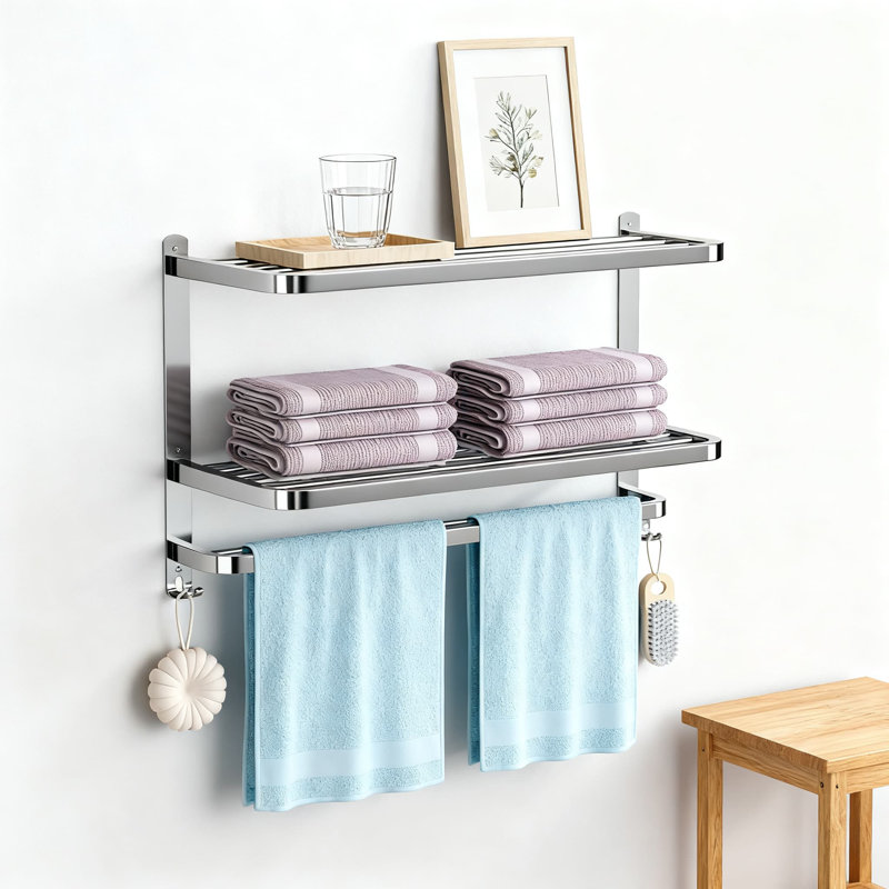 Porte-serviettes mural à 3 niveaux avec tablette et crochets, porte-serviettes multicouches en acier inoxydable pour un usage hôtelier ou domestique