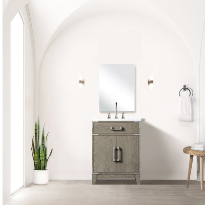 Meuble-lavabo en chêne gris 24 po x 18 po, comptoir en acrylique et miroir de 18 po à fermeture en douceur, riche espace de rangement intérieur avec armoire abondante