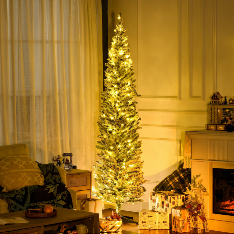 Sapin de Noël artificiel mince de 7 pi de hauteur avec 210 lumières DEL blanc chaud et 499 pointes, pour décoration de Noël, vert