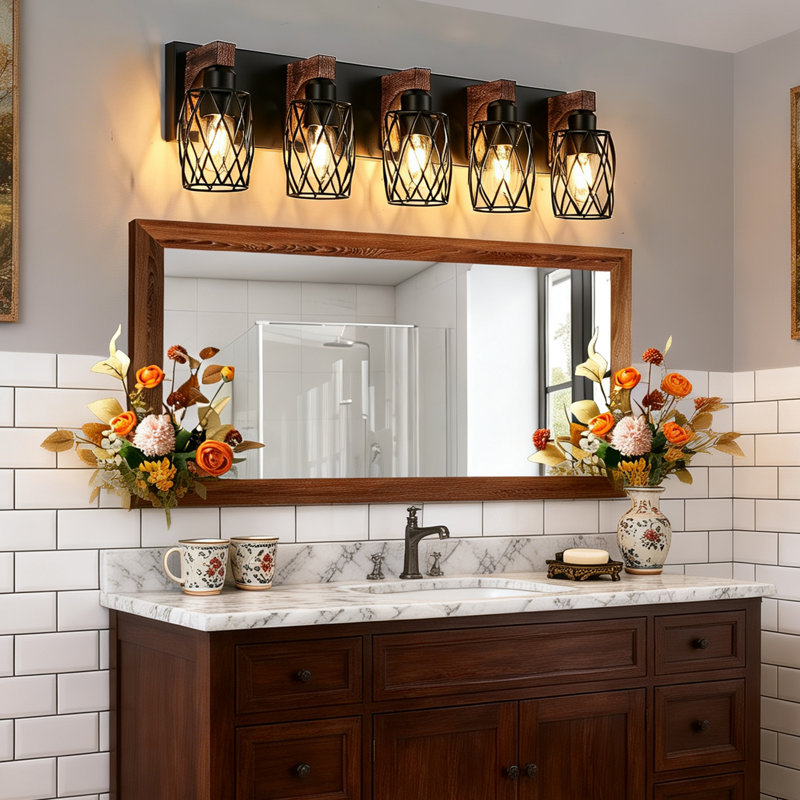 Applique murale de style industriel avec 5 lumières en bois et cage en bois pour salle de bain 31 po (ampoule non incluse)