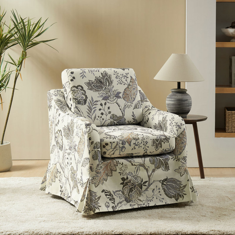 Asman Farmhouse Upholstered Slipcovered Swivel Armchair, Jeacobean Polyester Blend