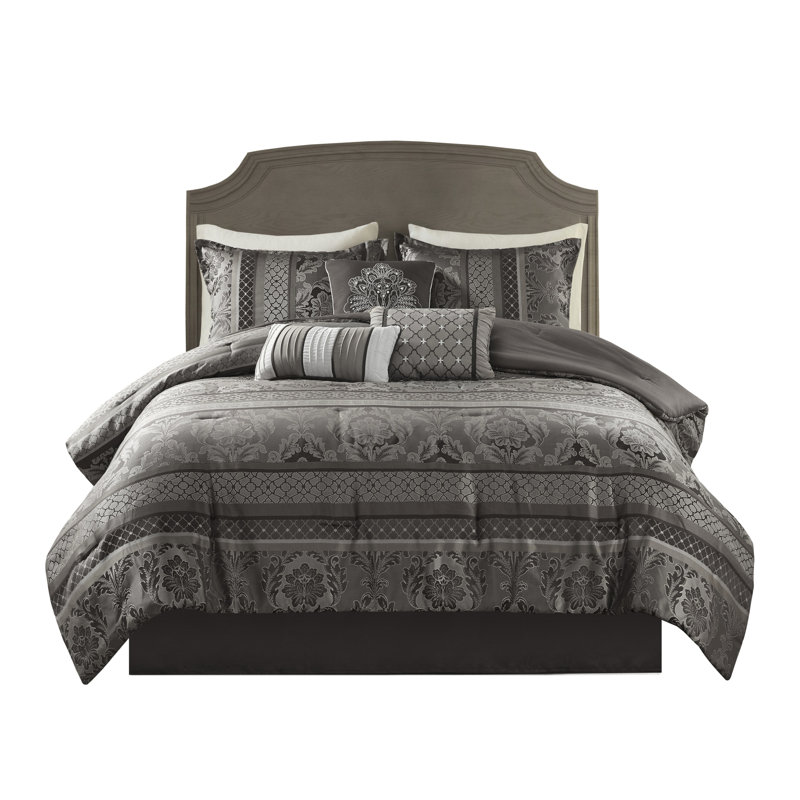 Literie 7 pièces pour grand lit - gris avec édredon de luxe et surpiqûres dorées, Grand édredon et 6 pièces supplémentaires