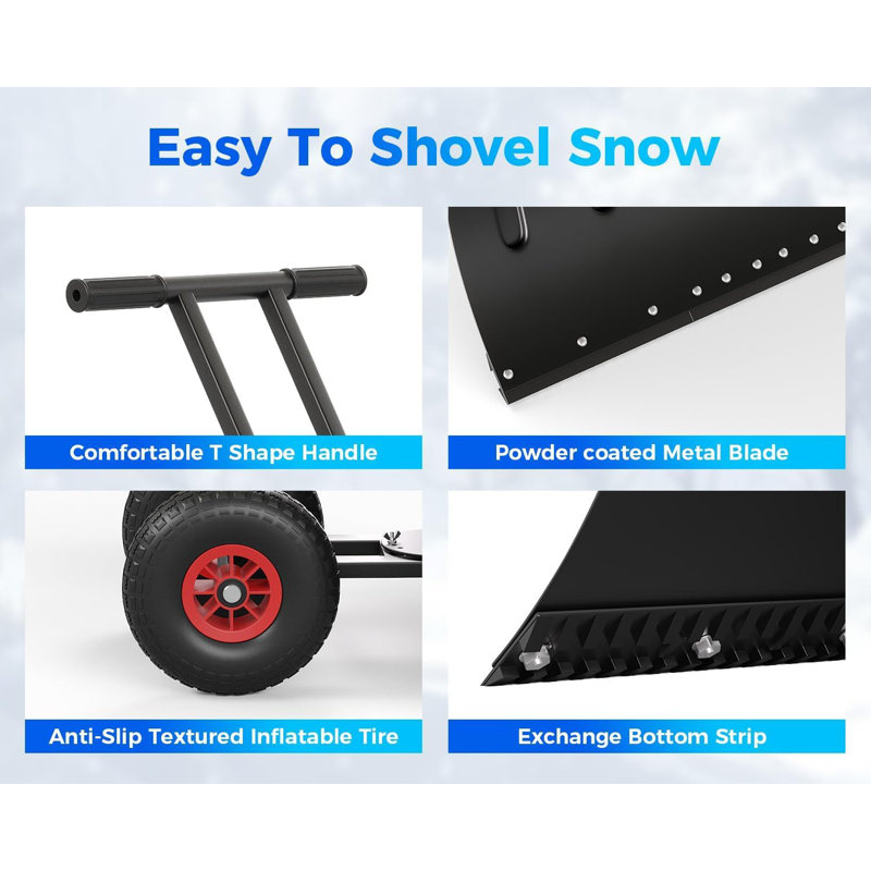 Pelle à neige robuste à roues de 29 pouces - Lame en acier au carbone multi-angles, poignée ergonomique réglable à 5 positions, chasse-neige antirouille pour l'allée, le trottoir, la cour et le trottoir (noir)