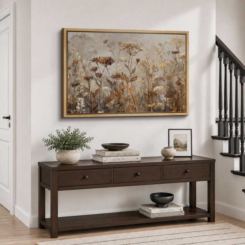 «Neutral Toned Dried Wildflowers Field», reproduction d'art sur toile encadrée, H 24 po x l 36 po x P 1,5 po