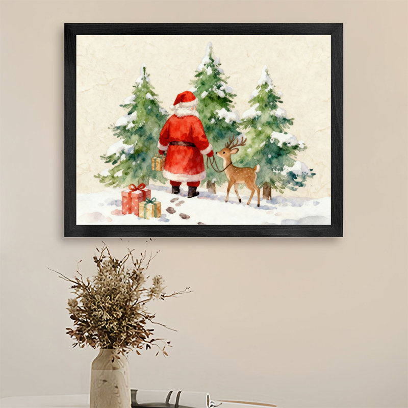 Reproduction d'art encadré noir, père Noël et renne, H 17 po x l 25 po
