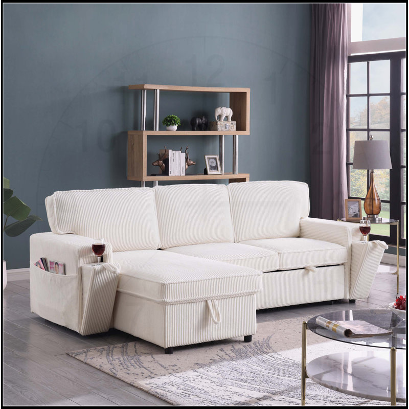 Comfortable Upholstery Sleeper Sectional Sofa with Storage Functionality, Beige