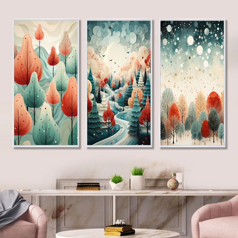 Ensemble de 3 impressions sur toile de pin de Noël orange et vert, Cadre flottant blanc, H 28 po x l 36 po