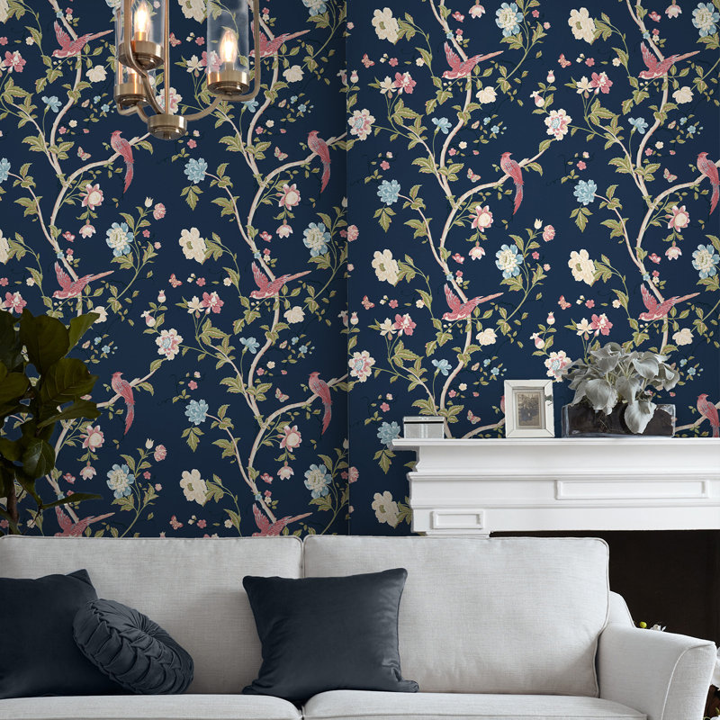 Summer Palace Sage and Apricot Removable Wallpaper, Midnight Blue