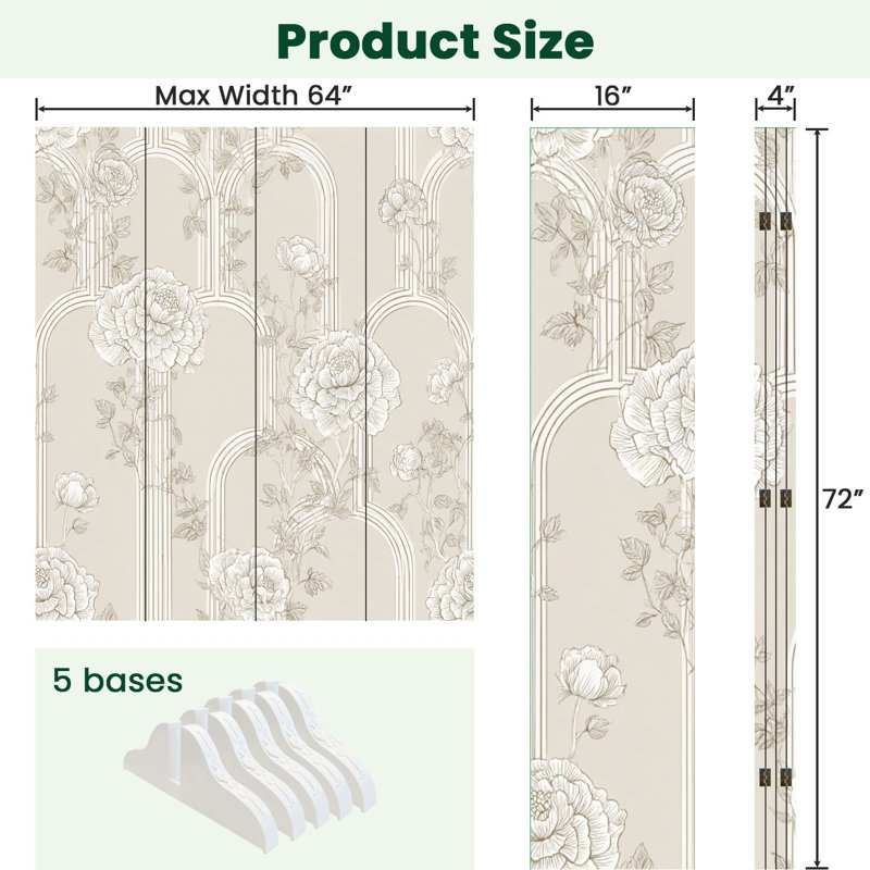 Paravent 4 panneaux à cloison pliable Royal Elegant Beige, H 71 po x l 64 po x P 1 po, 4