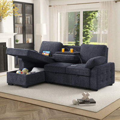 91" Upholstery Sectional Sofa with Storage Chaise, Chenille Convertible Sleeper Sofa Bed with USB Port, 2 Cup Holders on Back Cushions