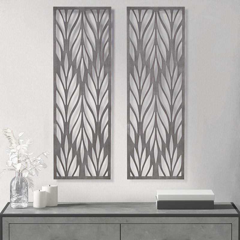 Décoration murale panneau de bois récupéré gris coupé - 2 l 12 po x H 36 po à motif complexe 4 crochets pour la décoration intérieure de la maison
