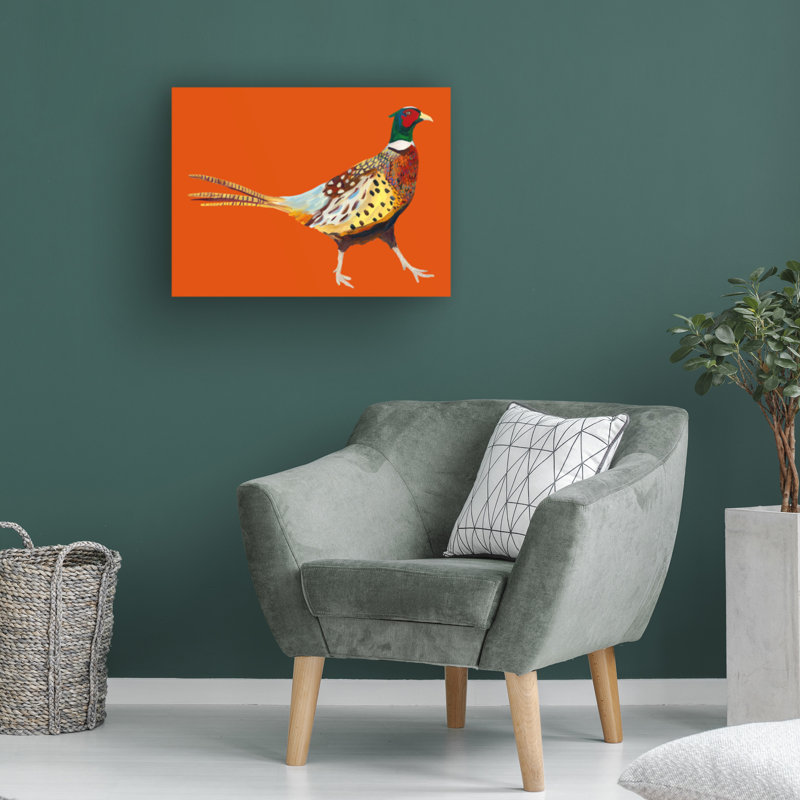 " Wrapped Canvas Wall Art - Alice Straker 'Strutting Pheasant On Orange' Wall Art For Living Room, Bedroom, Or Office Décor - 24x18 " by Alice Straker