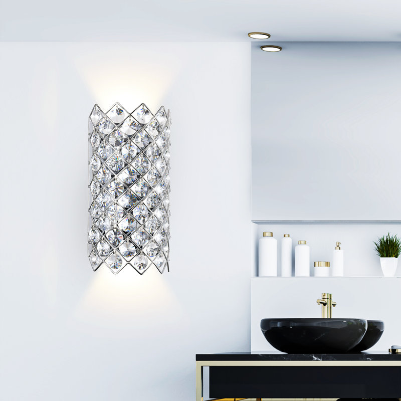 Beckmann 7'' 4-Light Wall Sconce with Chrome Finish For Powder Room, Hallway, Living Room –  Crystal-Accented Argyle Design