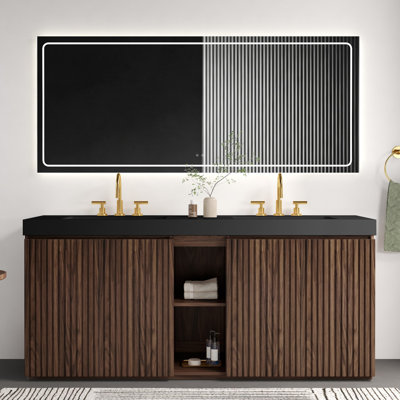 Meuble-lavabo de salle de bain avec lavabo, grand meuble-lavabo autoportant avec rangement pour salle de bain moderne, lavabo à une pièce en quartz noir sans drain ni robinet