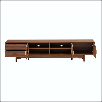 Meuble télé 78 po avec portes en verre cannelé et pieds en bois massif