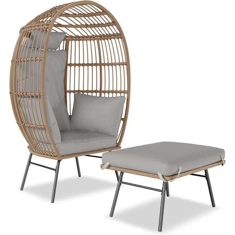 Oversized Wicker Egg Garden Chair with Cushion, Grey