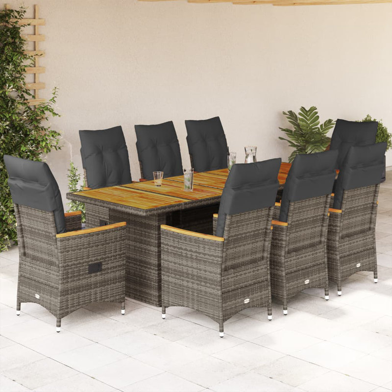 Bistro Set PE Rattan, Powder-Coated Steel, Solid Acacia Wood, Cream, 8, Black