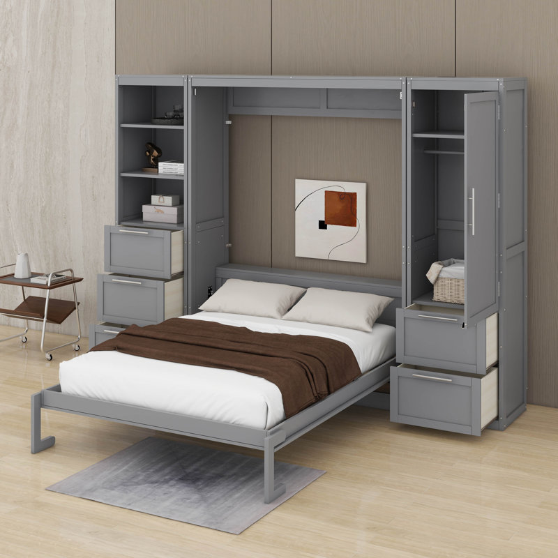 Grand lit escamotable avec tiroirs et tablettes, Gris