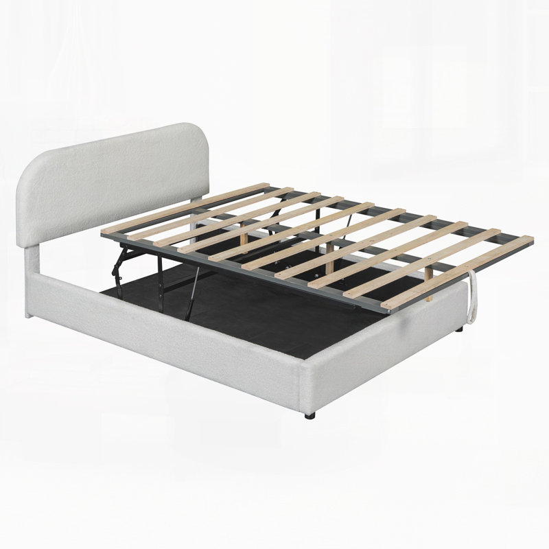 Lit plateforme tapissier avec système de rangement hydraulique, Complète, Blanc