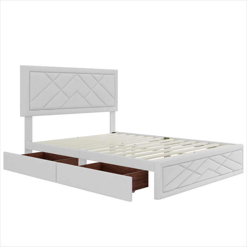 Structure de grand lit avec tête de lit et rangement, Beige