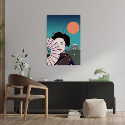 Japanese Woman Mount Fuji Abstract Traditional Bird Cherry Landscape Nature Wall Art Print 1 Piece Wrapped Canvas Wall Art