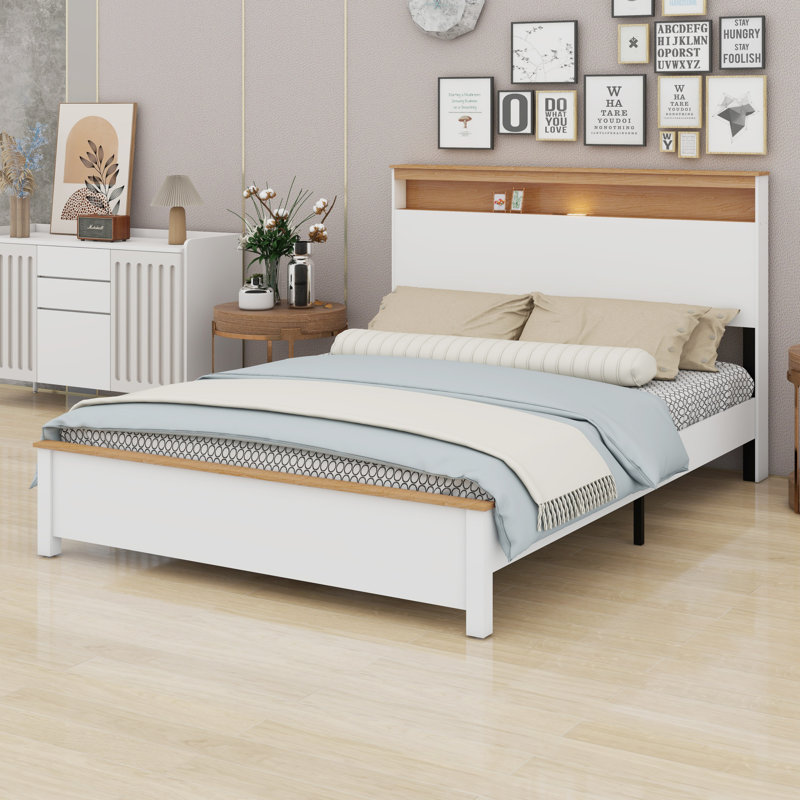 The Rustic Farmhouse Bed Frame With Storage Headboard Comes With A Built-In Charging Station, Queen