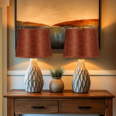 Drum Lamp Shades Set of 2, Large Lampshades 13" Top x 15" Bottom x 11" Height, Vintage Brown Lampshades with Spider&UNO Fitter, Natural Linen Lamp Shade for Table Floor Lamp, Easy Assembly Required