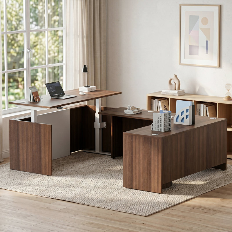 Nishad Adjustable Height Executive Standing Desk Pedestal, Walnut, U-Shape with 3 Drawers