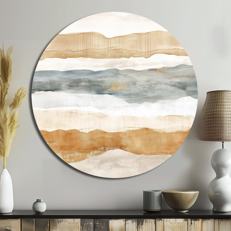 Horizon tropical blanc et or à la plage - Décoration murale ronde abstraite en métal, L 36 po x H 36 po