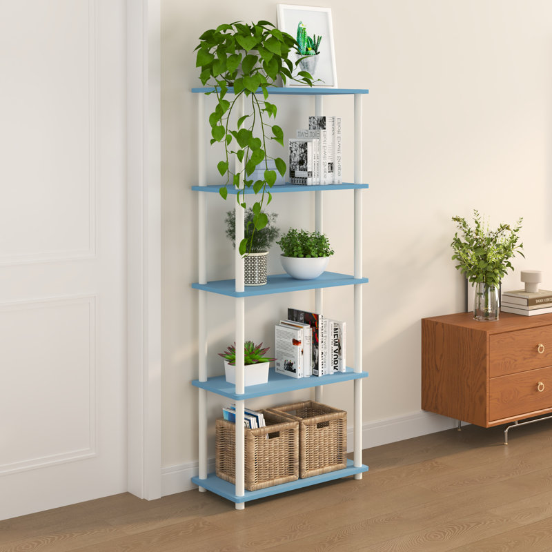 Bibliothèque à 5 niveaux avec tablettes ouvertes de 57,4 po, (5 tablettes) H 57,4 po x l 23,6 po x P 11,6 po, Bleu / blanc