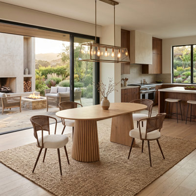 5 Piece Extendable Oval Dining Table Set For 4 Wood Look Kitchen Table With Rattan Back Upholstered Dining Chairs