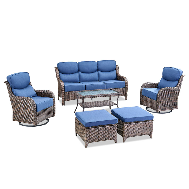 Smilario 7 - Person All-Weather Wicker Outdoor Set With Swivel Chairs, 6" Thick Cushions Included, Blue, Brown