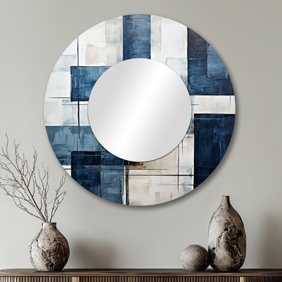 Sabeeha Indigo Illusion Abstract Shapes V - Abstract Shapes Decorative Wall Mirror, Black Round Mirror, Printed Metal Art