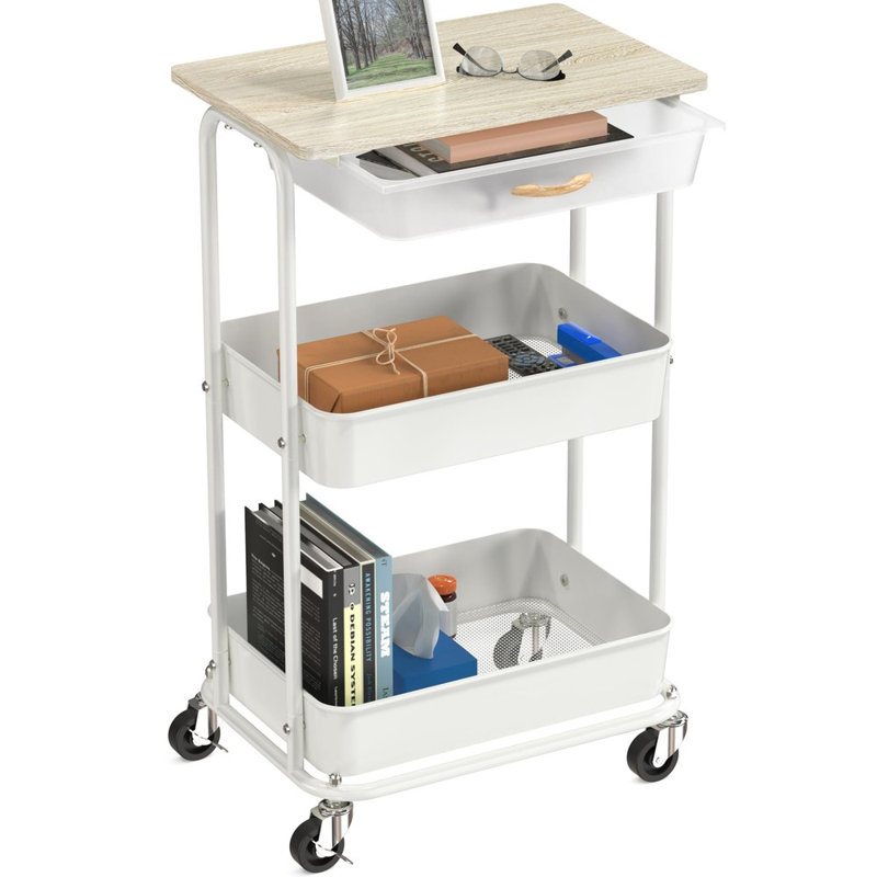3‑Tier Utility Rolling Cart With Drawer and Wood Top, Mobile Wheeled Storage Trolley For Household Organization