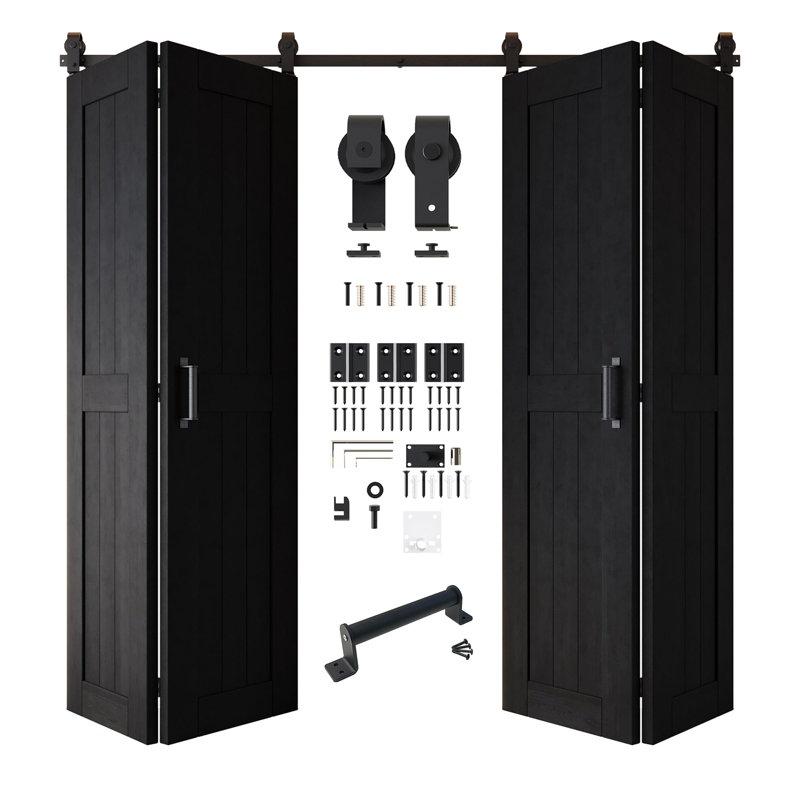 Porte de grange noire non assemblée et finie de 80 po de hauteur, quatre portes de 20 po x 80 po avec quincaillerie de fixation supérieure pliable Homacer