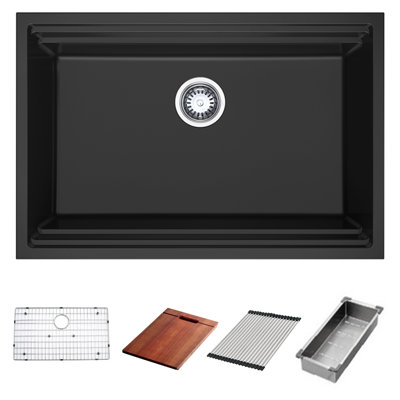 Évier de cuisine à simple cuve encastrable 30 po HIGOLD, composite de quartz avec accessoires de planche à découper, finition noire, 30 po x 20 po x 9 po